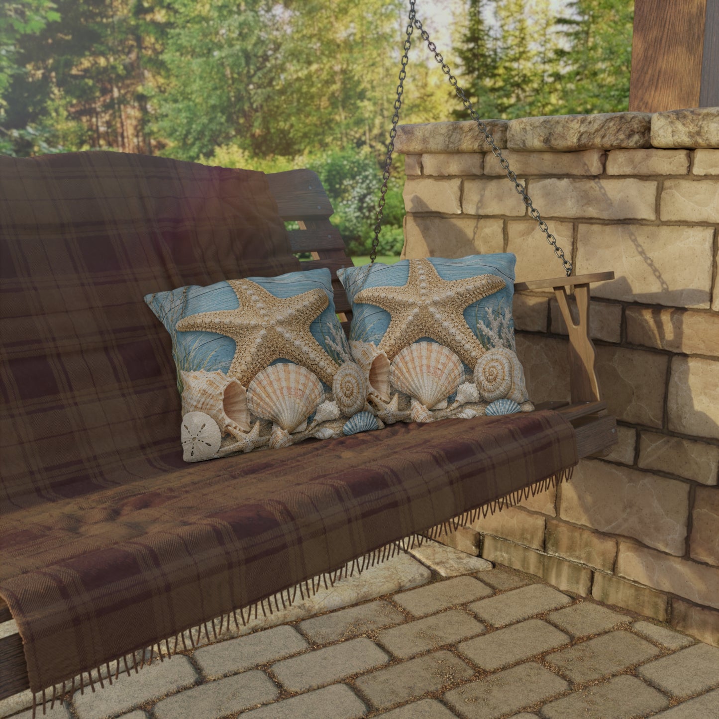 Coastal Starfish Outdoor Pillow — Beach Seashell Patio Cushion