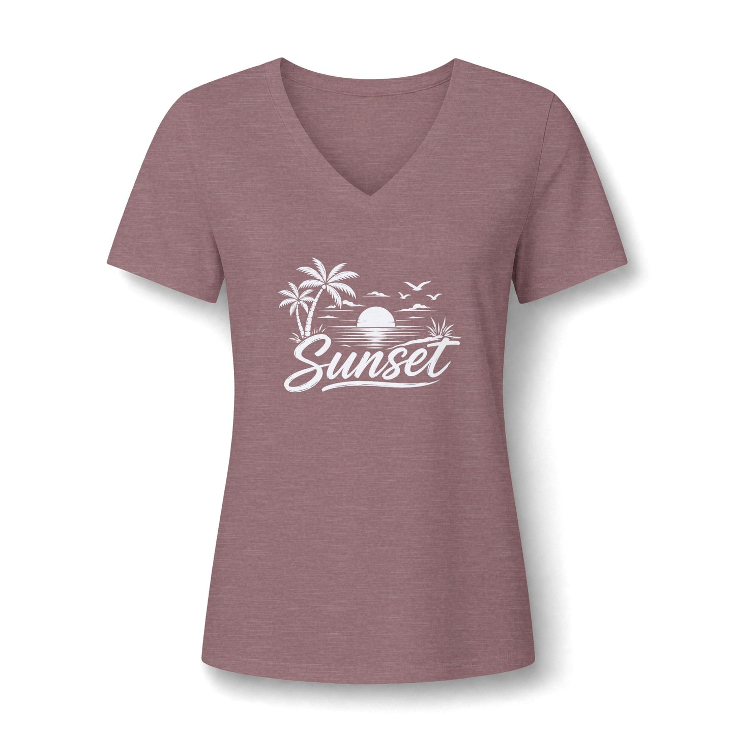 Sunset Palm V-Neck Tee – Women’s Beach Sunset Graphic Shirt