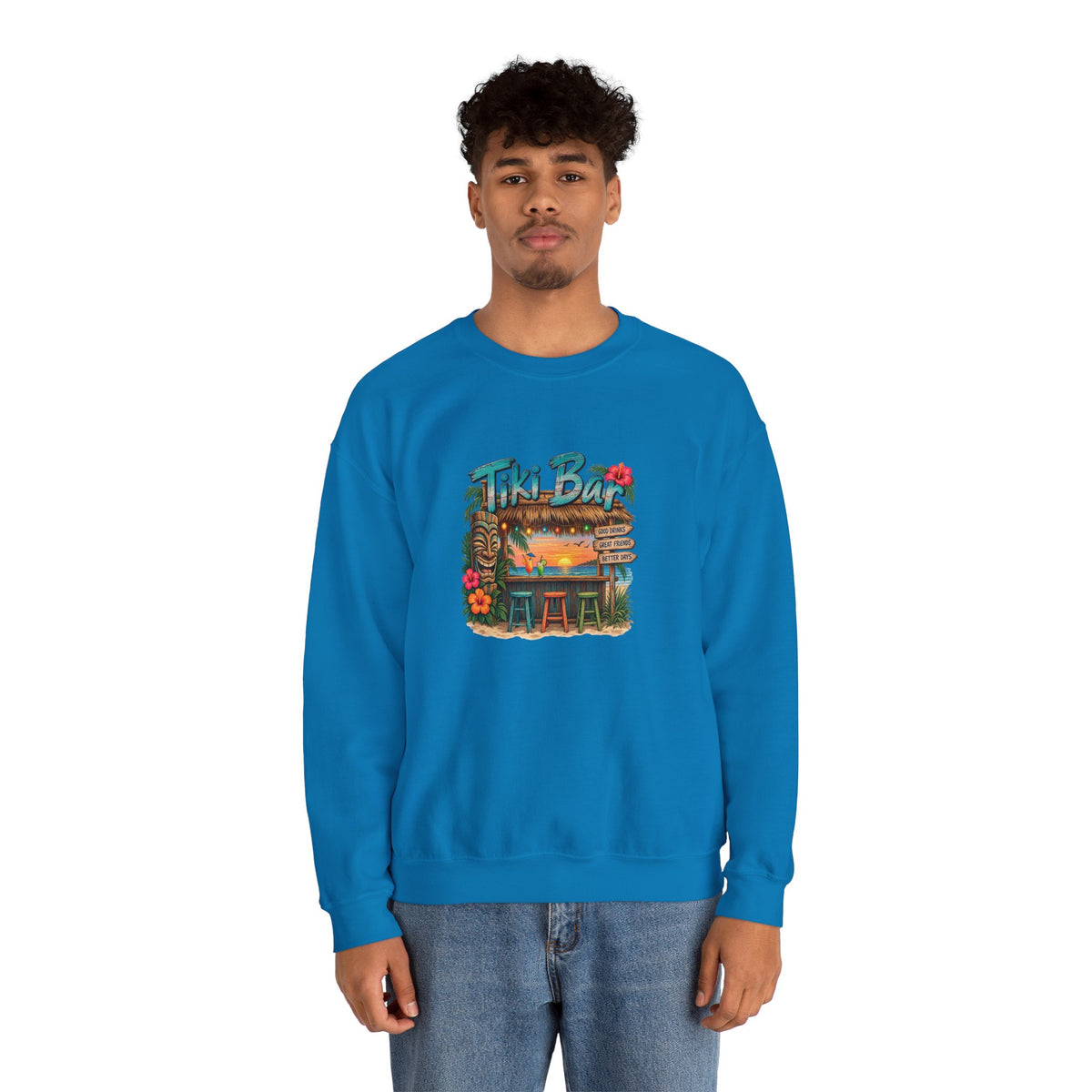 Tiki Bar Crewneck Sweatshirt — Retro Tropical Sunset Design