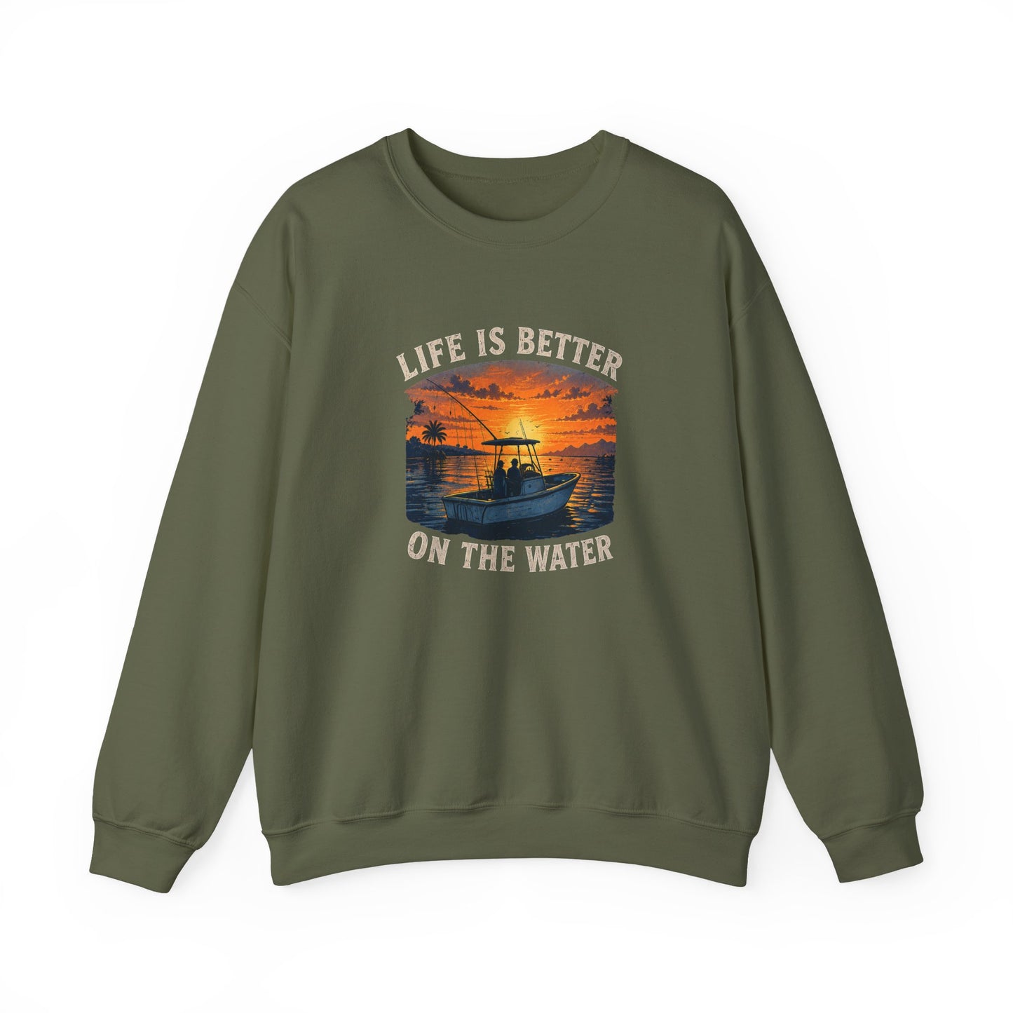 "Life Is Better On The Water" Crewneck Sweatshirt -Boat Sunset Graphic