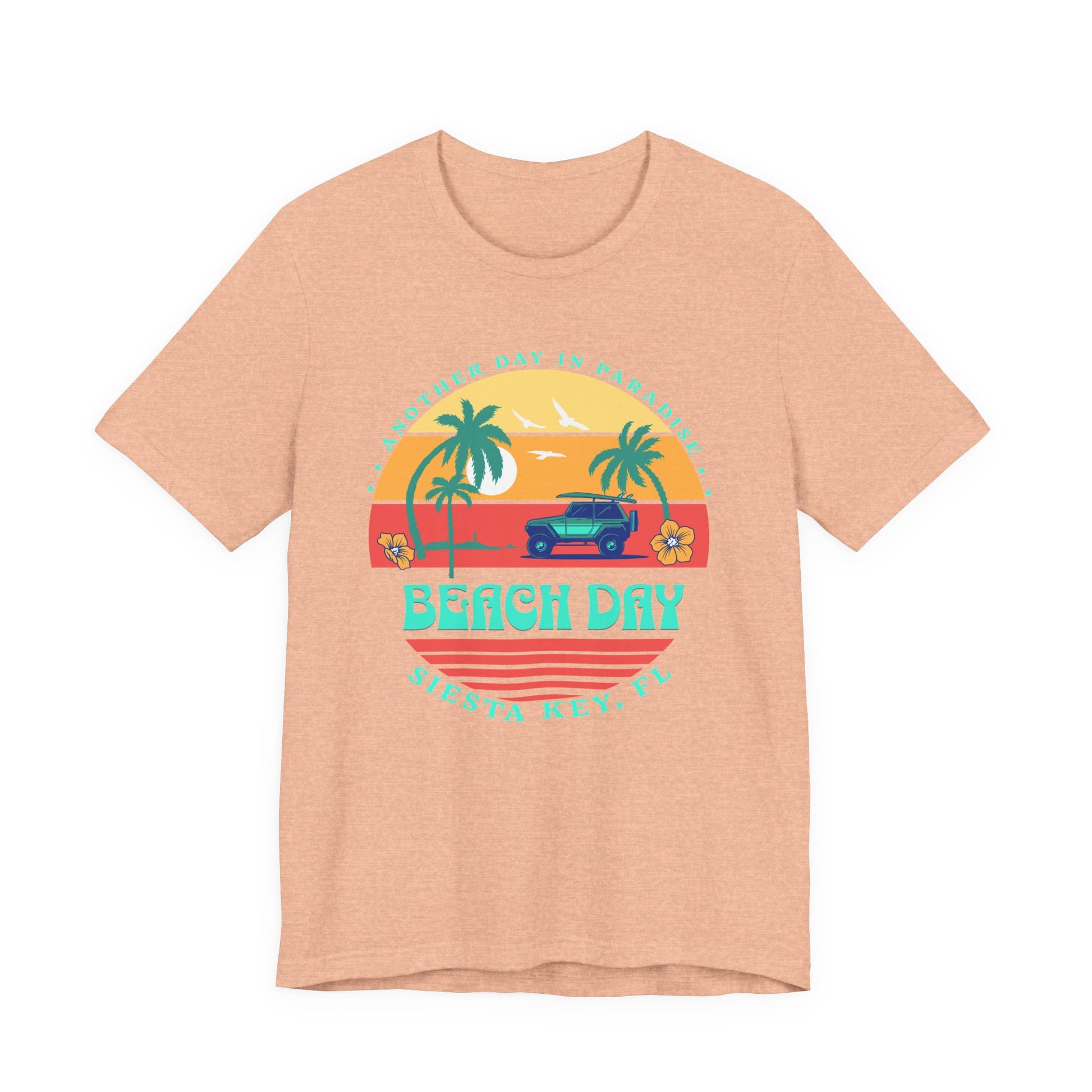 Peach t-shirt with 'Beach Day' graphic design on a white background at Caribbean Rays