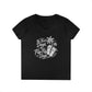 Women’s v-neck t-shirt in black with beach graphic of flip flops and palms