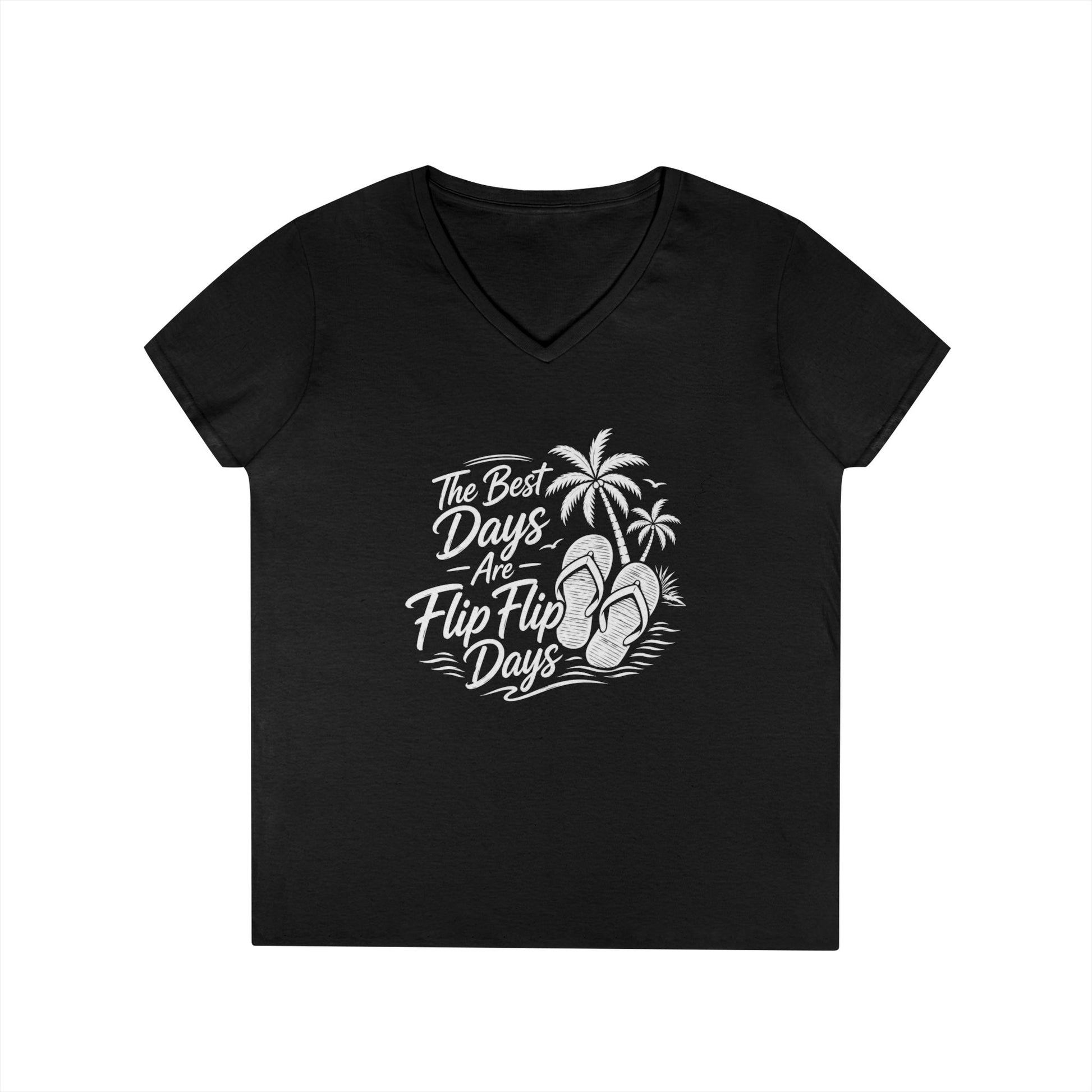 Women’s v-neck t-shirt in black with beach graphic of flip flops and palms