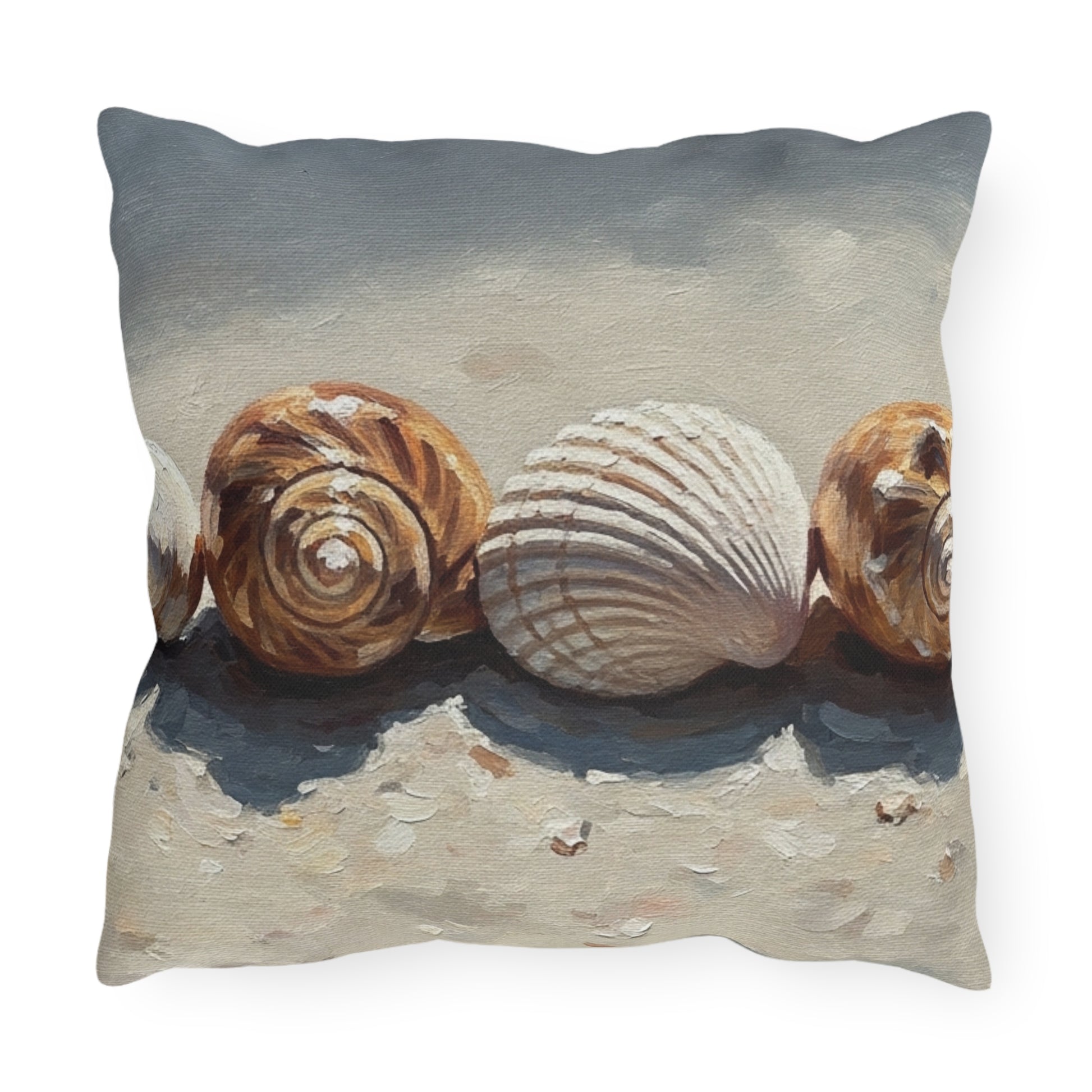 Decorative pillow with shell design on a white background