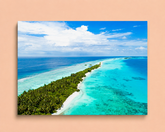 Tropical island with clear blue water and white sand on a beige background