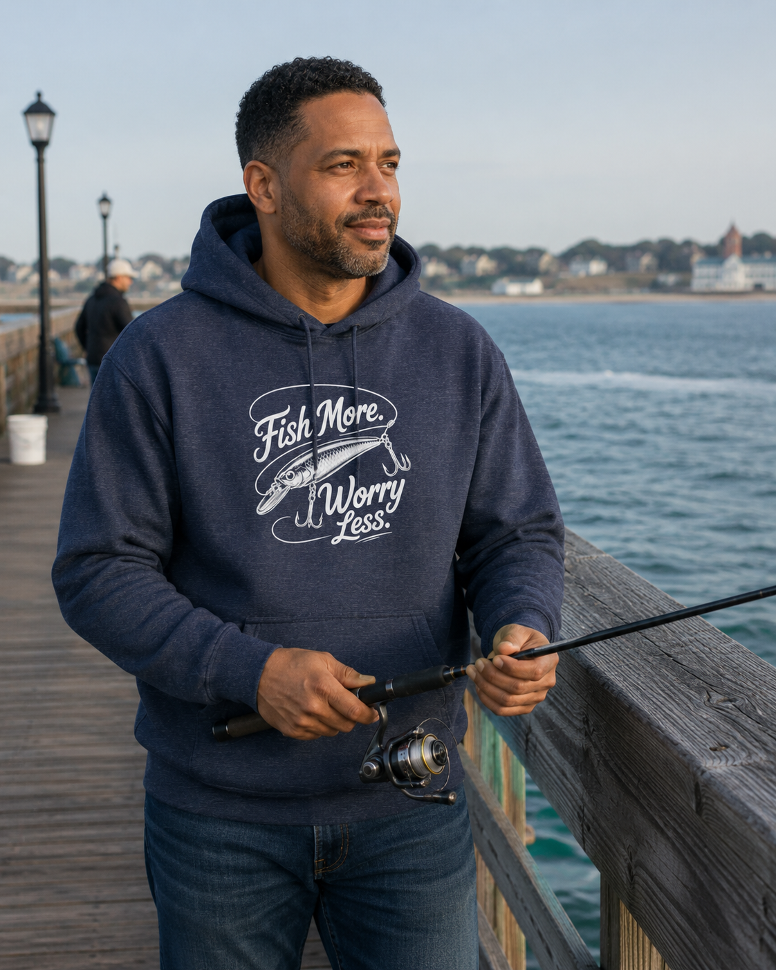 Fishing Hoodie - "Fish More Worry Less" Graphic Pullover