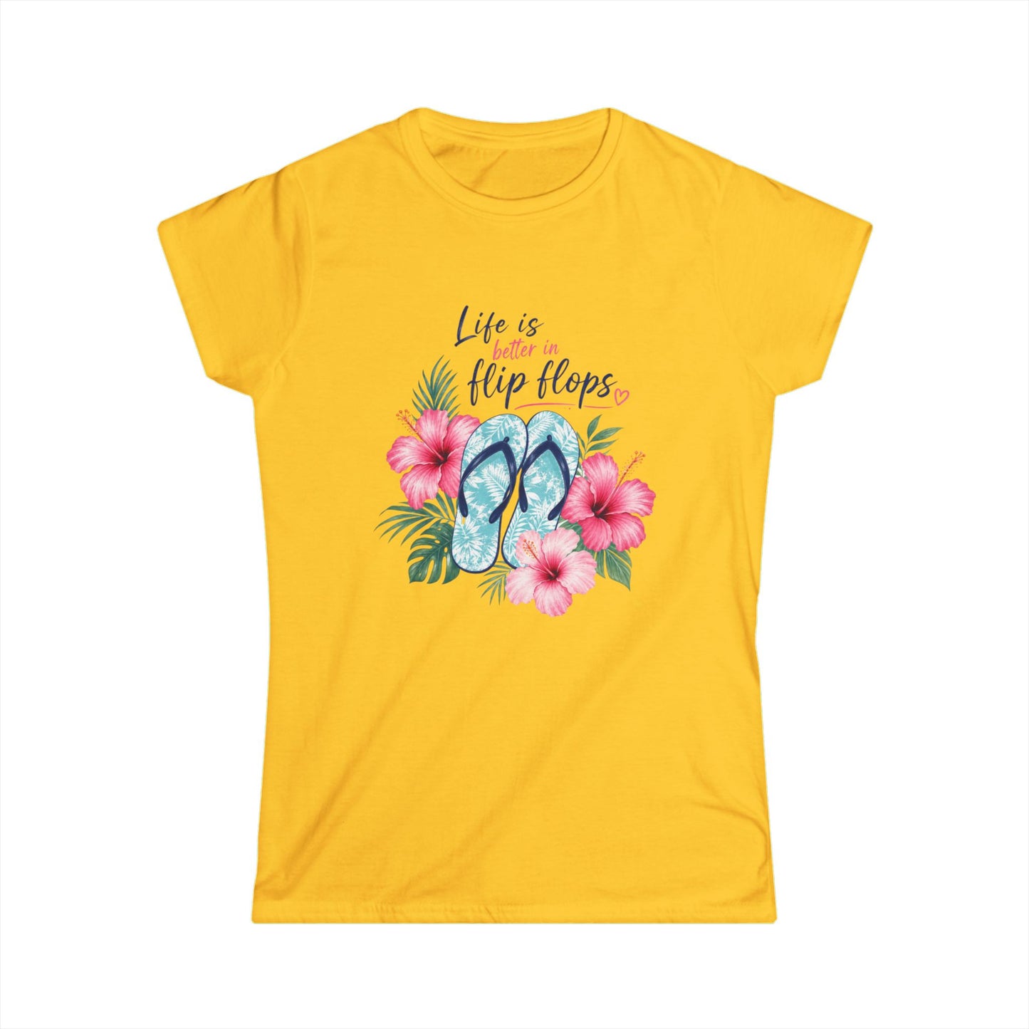 Yellow t-shirt with flip flop and floral design on a white background