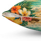 Square polyester pillow cover angled with tropical hibiscus blossoms and visible zipper seam