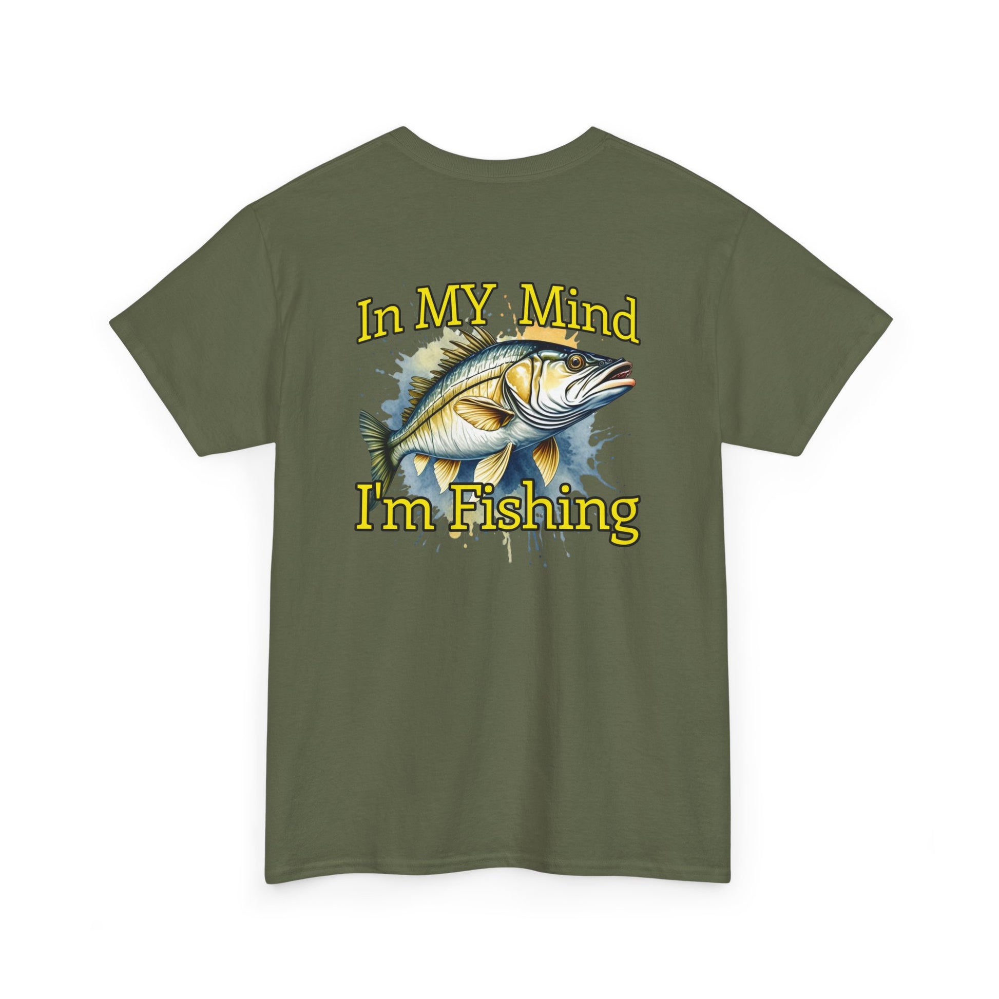 Green t-shirt with a fish graphic and text 'In MY Mind I'm Fishing' on a white background