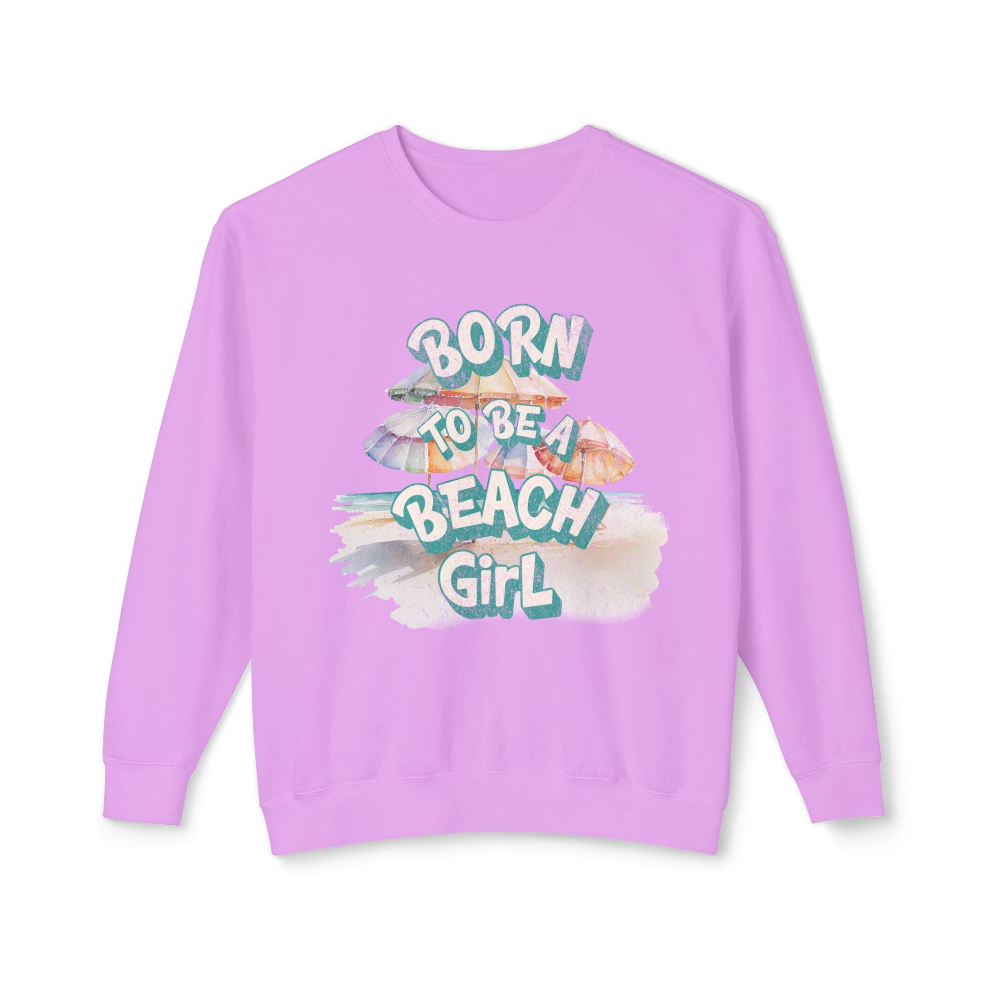 Lavender sweatshirt with 'Born to be a Beach Girl' text and shell graphics on a white background at Caribbean Rays