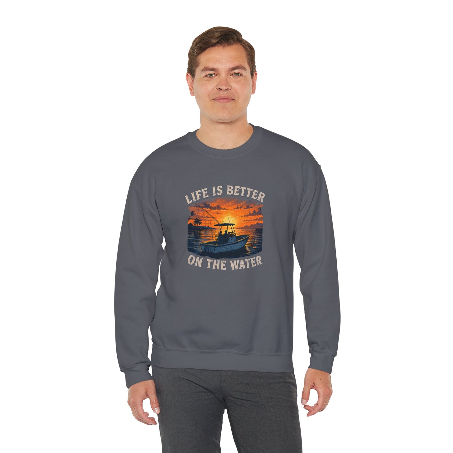 "Life Is Better On The Water" Crewneck Sweatshirt -Boat Sunset Graphic