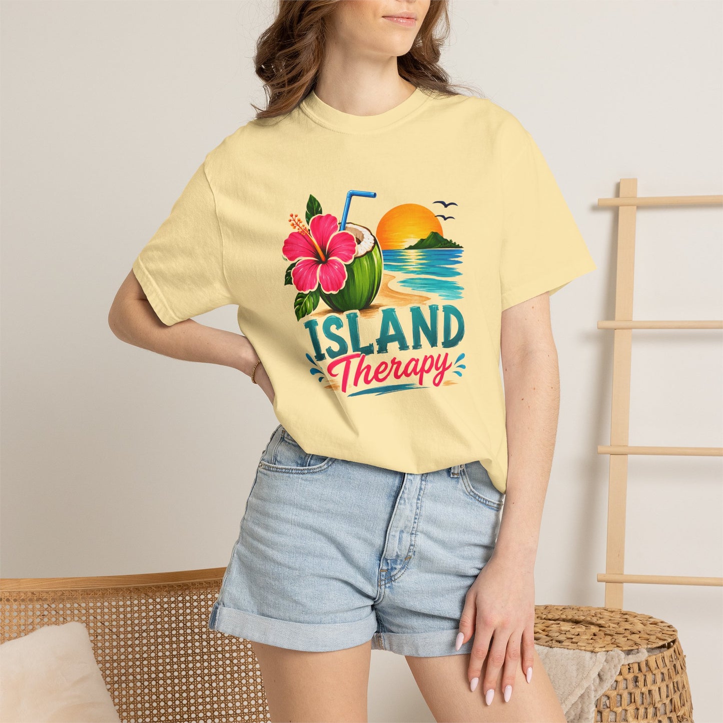 Island Therapy T‑Shirt — Tropical Sunset Coconut Drink Beach Tee