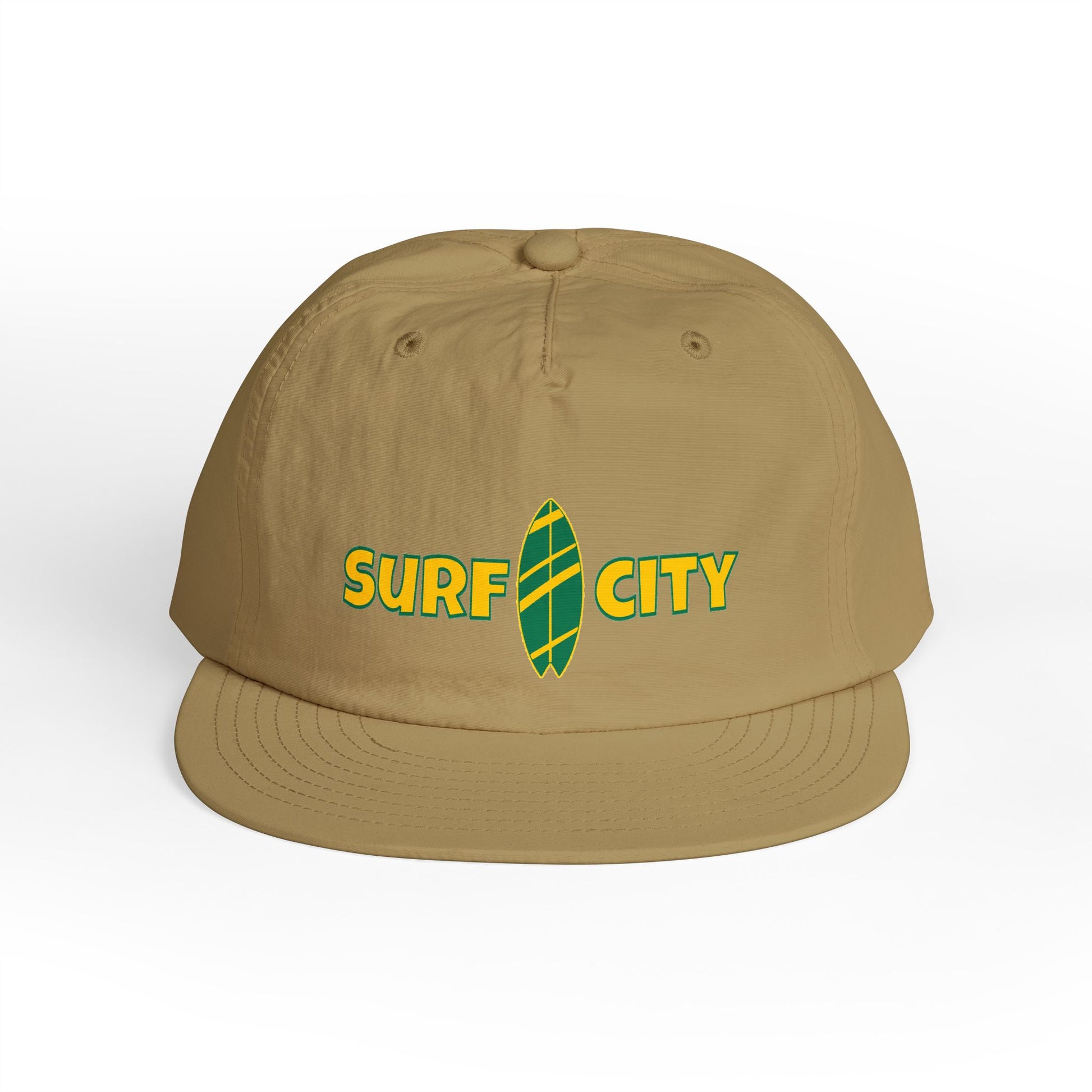 Beige cap with 'Surf City' logo on a white background