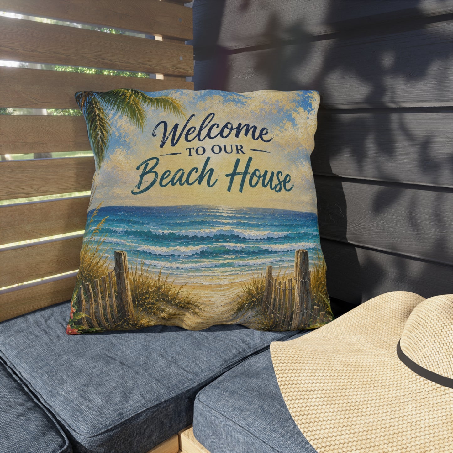 Welcome to Our Beach House Outdoor Pillow — Coastal Decorative Accent for Patio, Porch & Beach Home