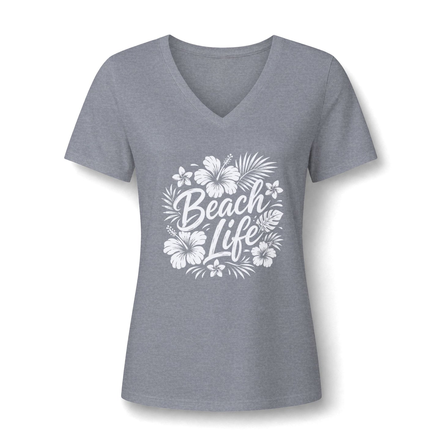 Beach Life V-Neck Tee — Women's Tropical Hibiscus Graphic