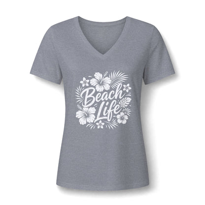 Beach Life V-Neck Tee — Women's Tropical Hibiscus Graphic