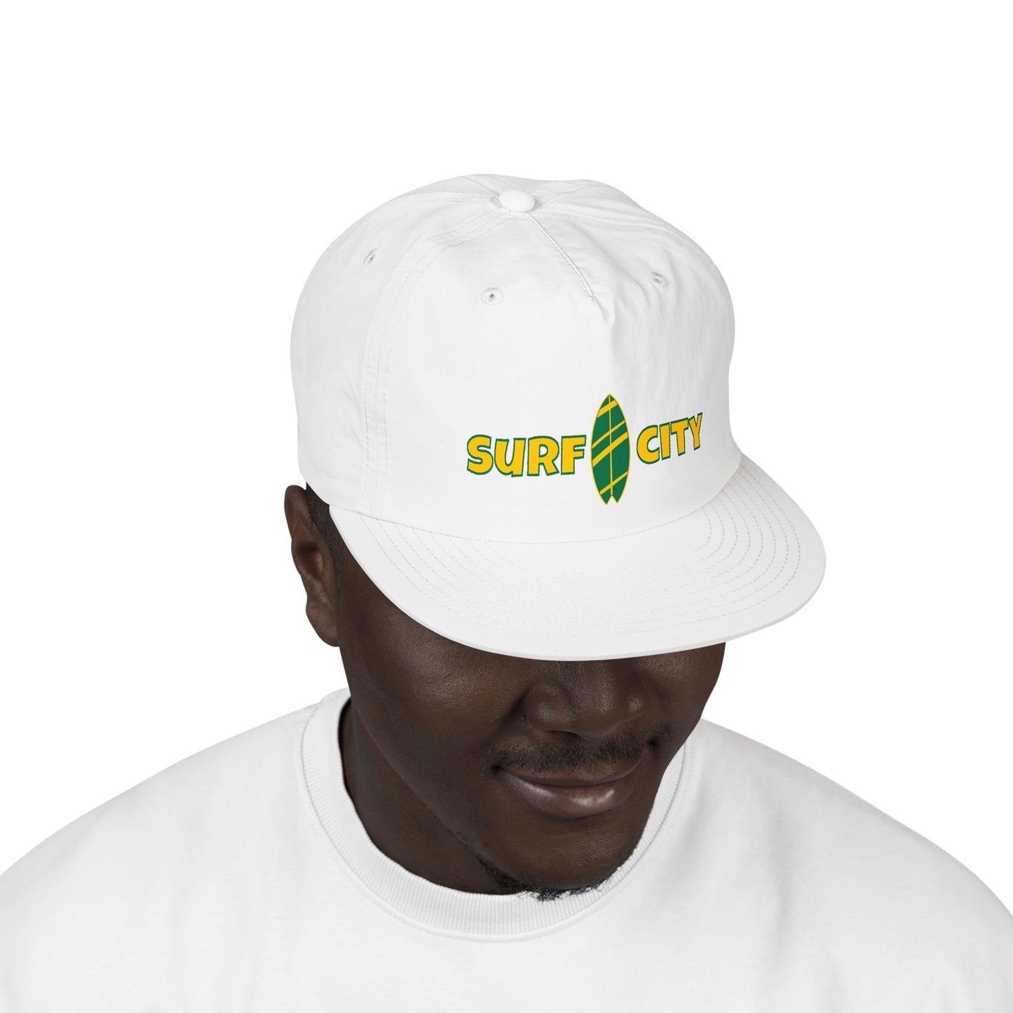 Surf City Embroidered Surf Cap — Retro Surfboard Logo Hat