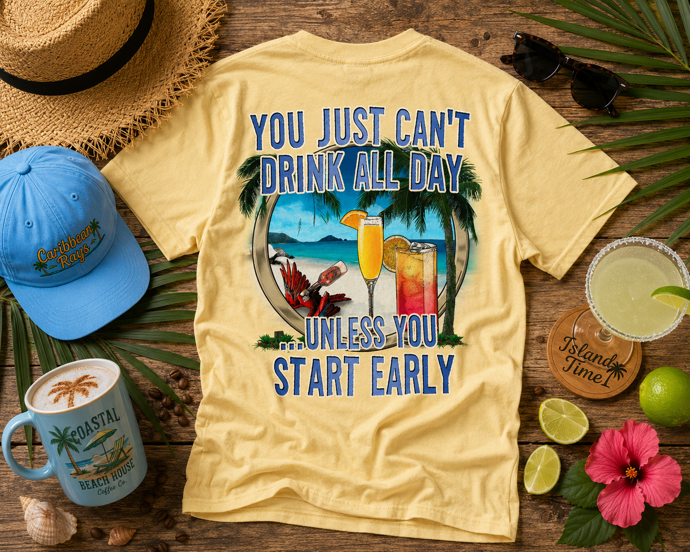 You Can't Drink All Day Short Sleeve Yellow Haze Tropical T-shirt
