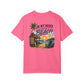 Pink t-shirt with beach graphic and text on a white background
