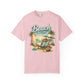 Pink t-shirt with 'Beach Therapy' graphic design featuring a beach scene.