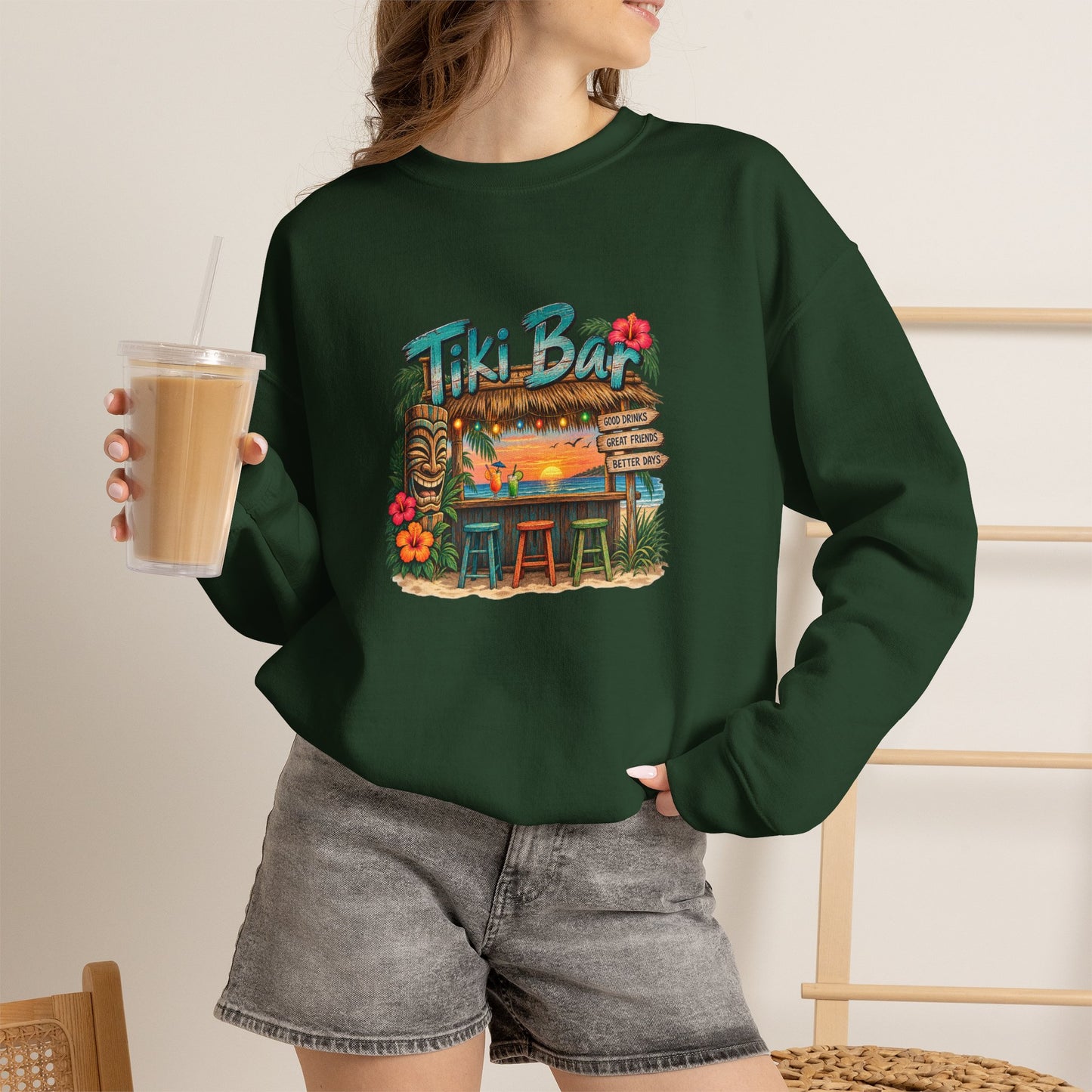 Tiki Bar Crewneck Sweatshirt — Retro Tropical Sunset Design