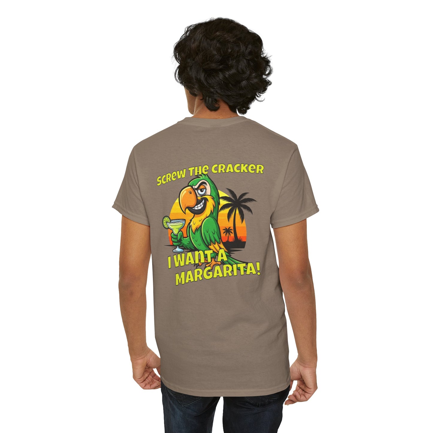 Screw the Cracker I Want a Margarita" T-Shirt Tropical Parrot Cocktail Tee