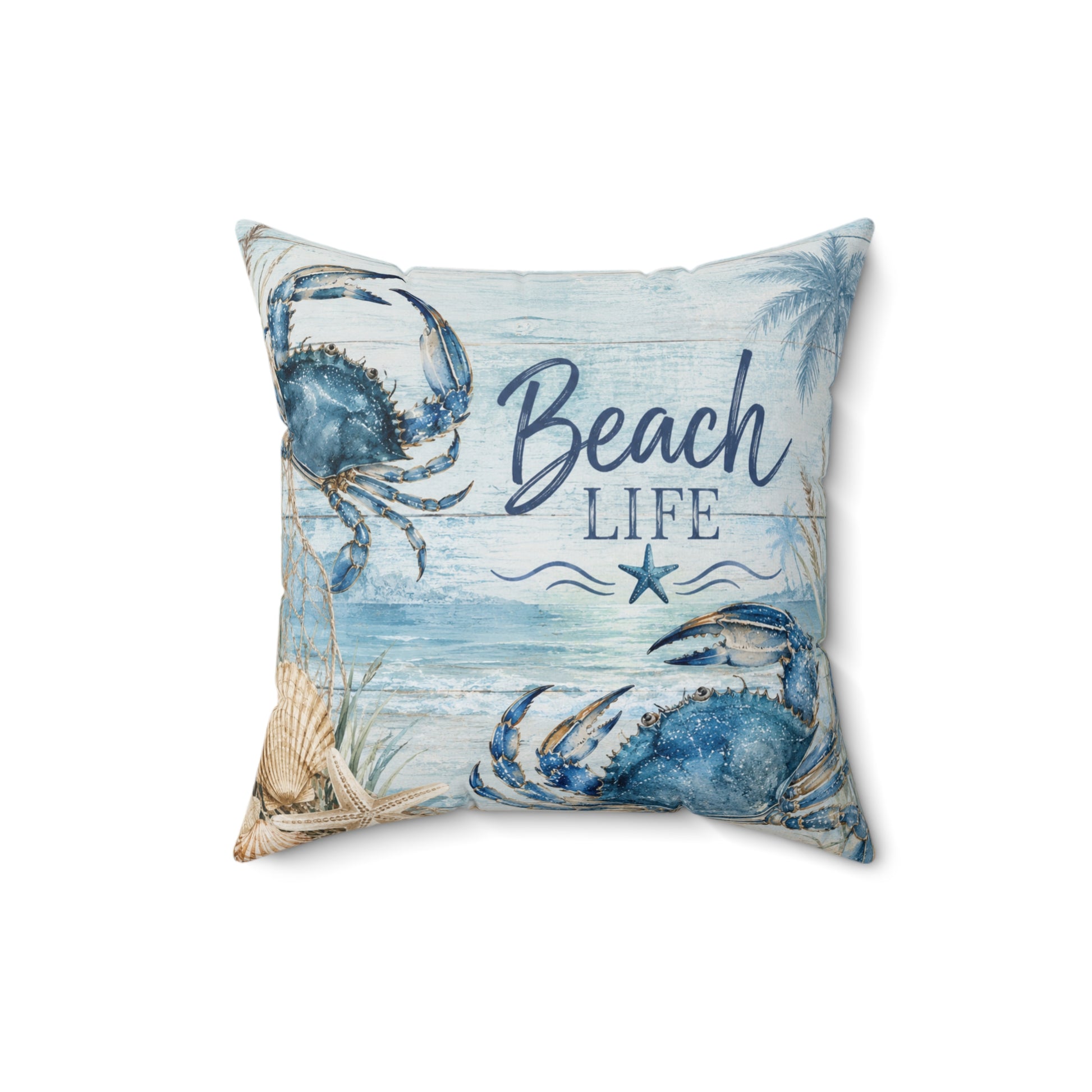 A square decorative throw pillow featuring a nautical beach design with two blue crabs, a starfish, palm trees, and the words 'Beach LIFE' printed on a light blue wood-textured background.