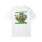 White t-shirt with a colorful parrot graphic and text on a white background