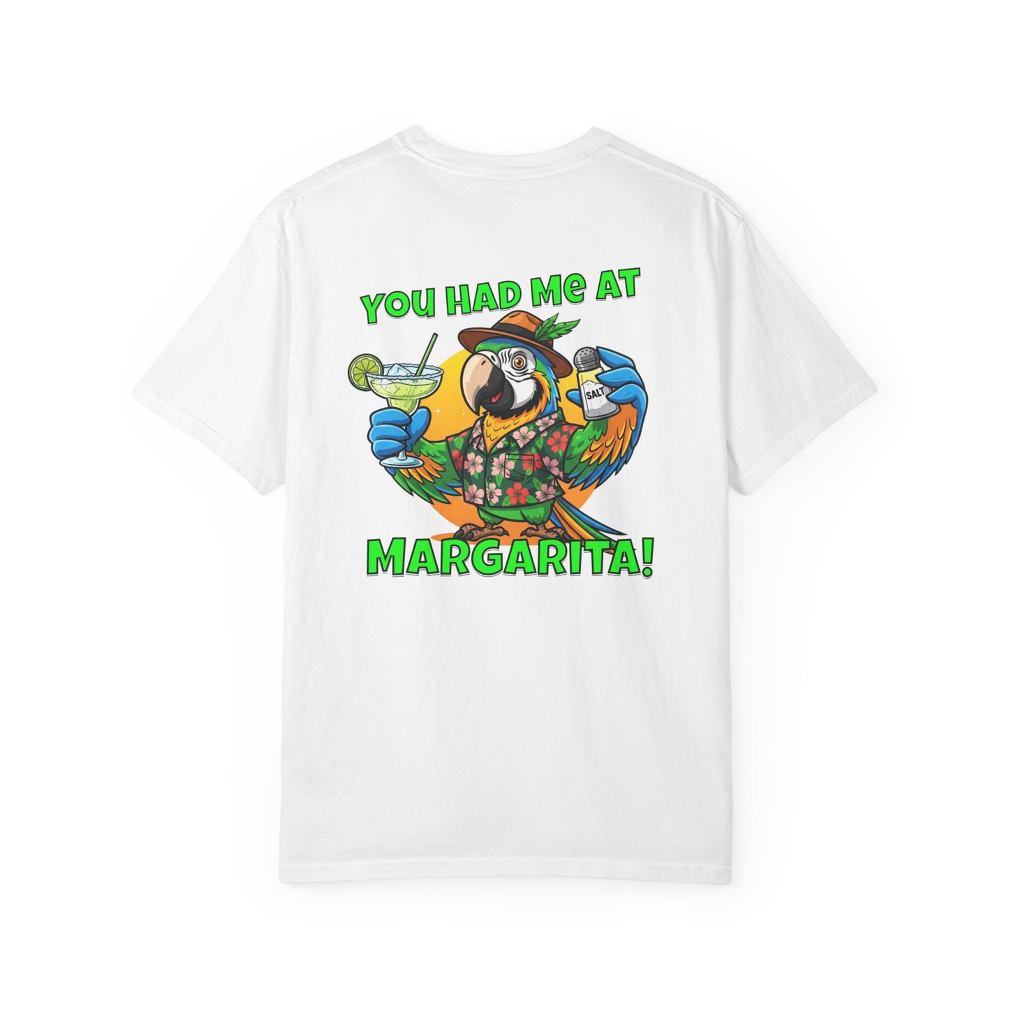 White t-shirt with a colorful parrot graphic and text on a white background