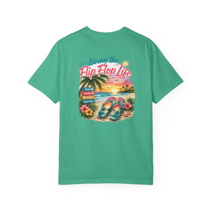 Teal unisex t-shirt with “Living the Flip Flop Life” flip-flop graphic on front