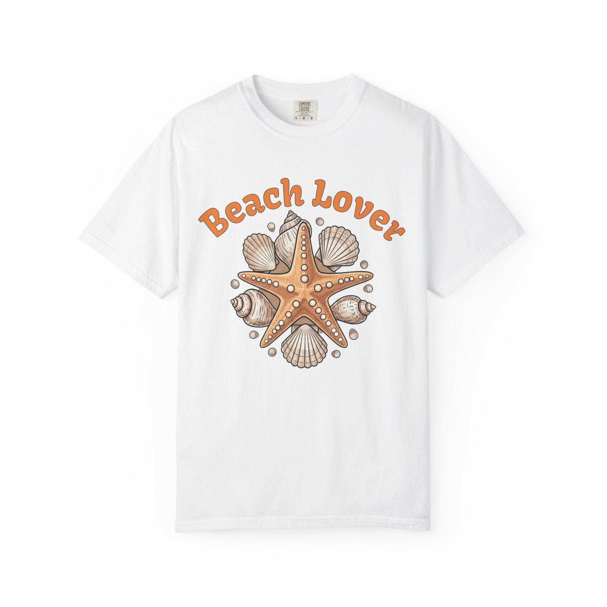 White t-shirt with 'Beach Lover' text and starfish design on a white background