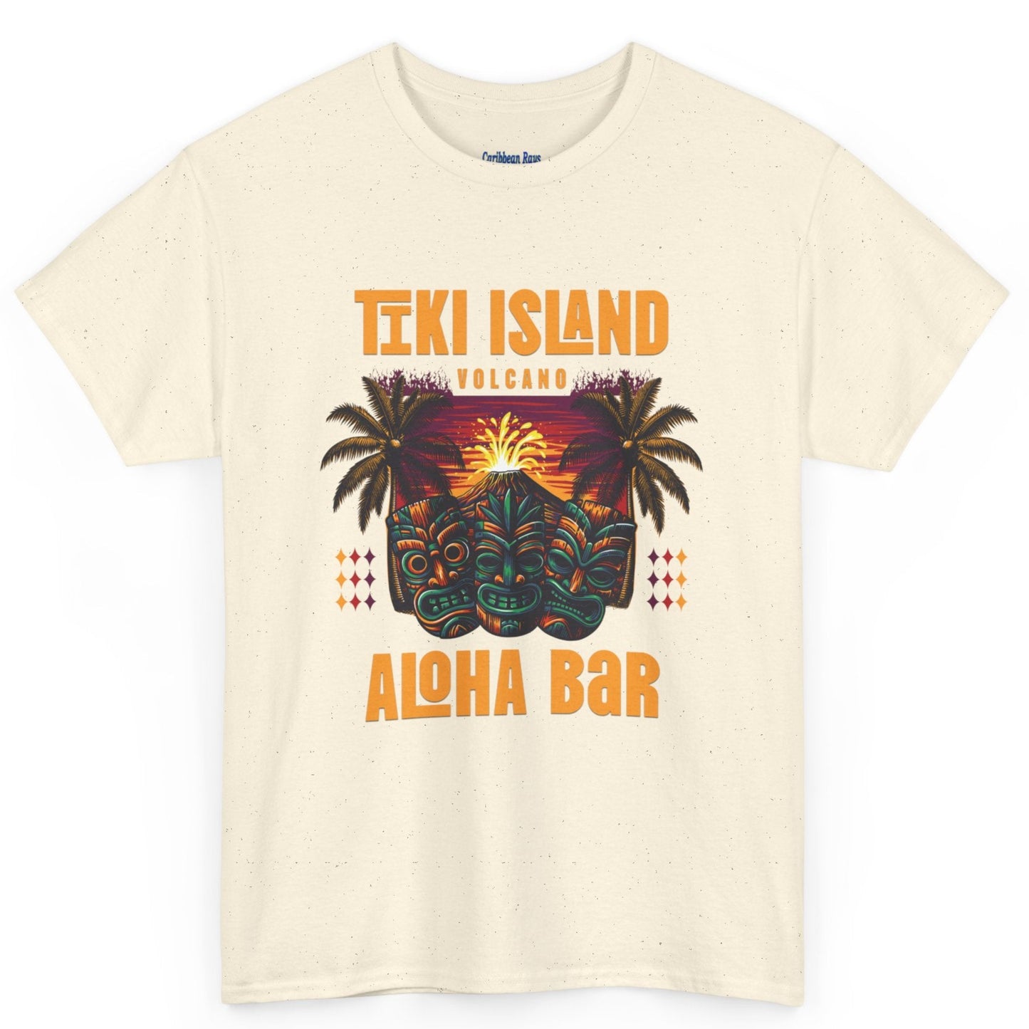 Beige t-shirt with Tiki Island Aloha Bar design on a white background at Caribbean Rays