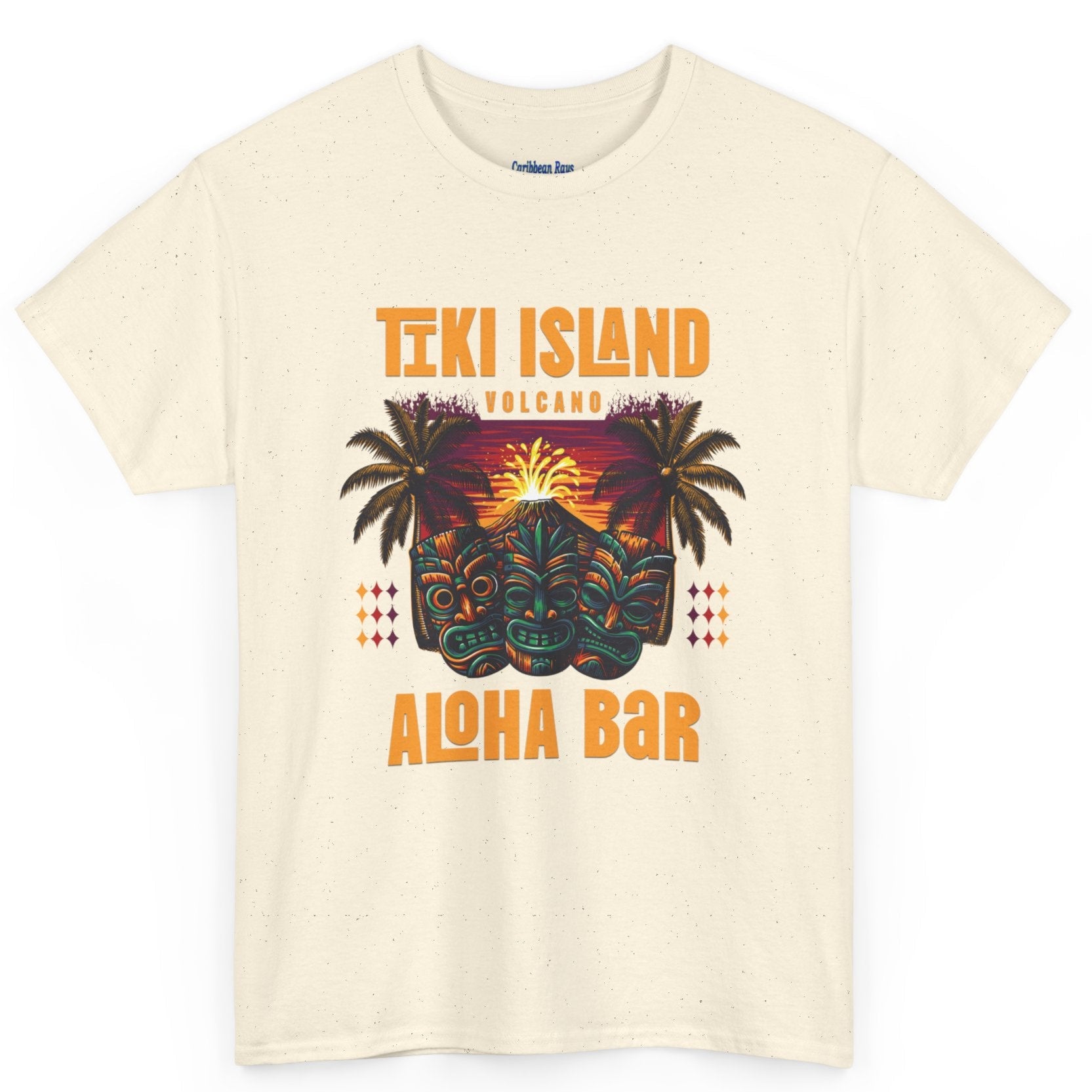 Beige t-shirt with Tiki Island Aloha Bar design on a white background at Caribbean Rays