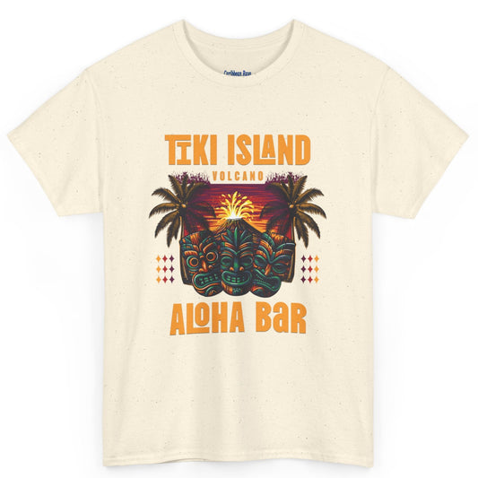 Beige t-shirt with Tiki Island Aloha Bar design on a white background at Caribbean Rays