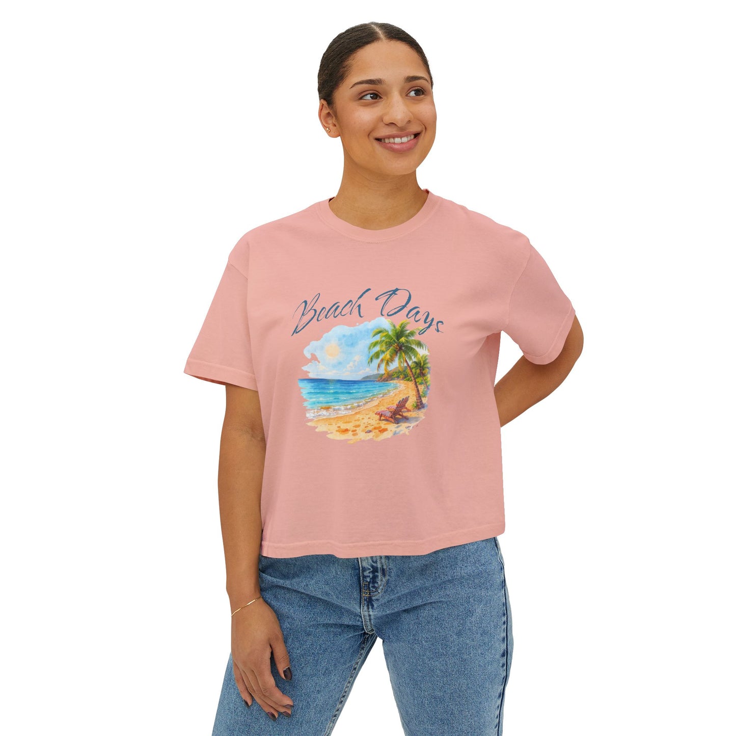 Beach Days Boxy Tee — Tropical Palm Beach Graphic for Women
