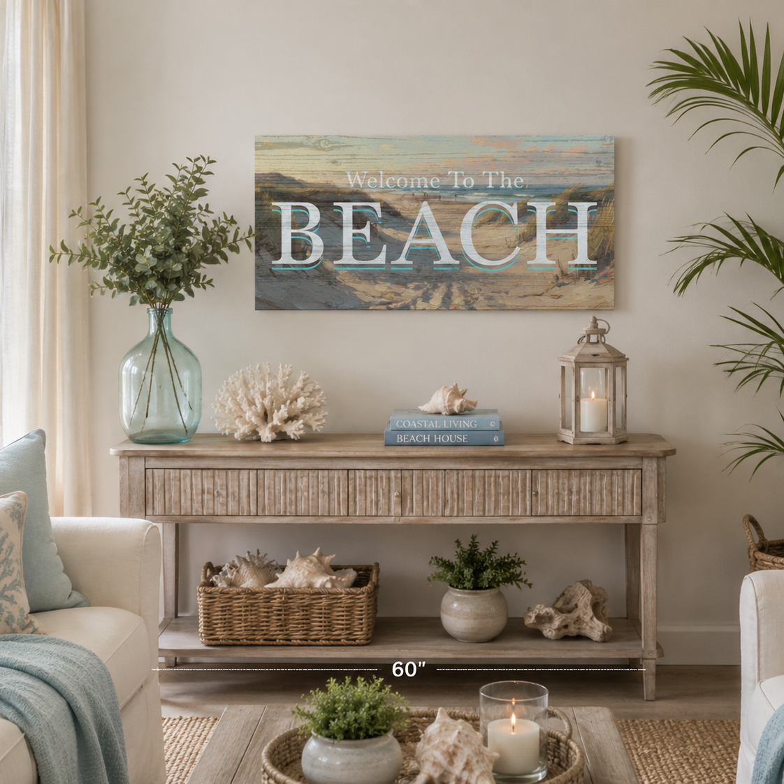 Living room with 'Welcome to the Beach' sign above a console table.