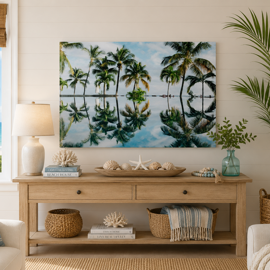 Living room with a large painting of palm trees, a wooden console table, and decorative items.