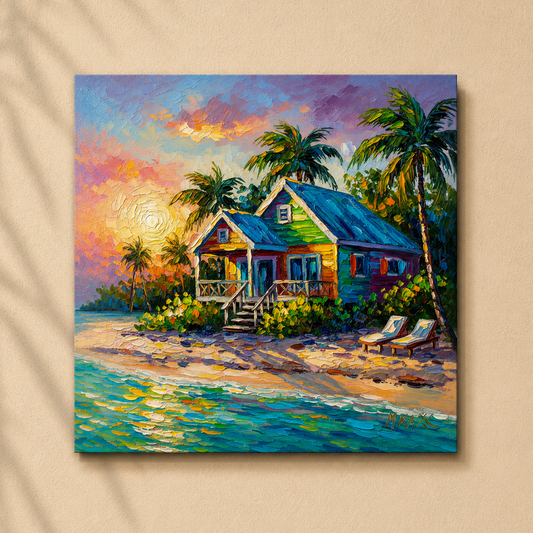 Painting of a tropical beach house with palm trees and lounge chairs.