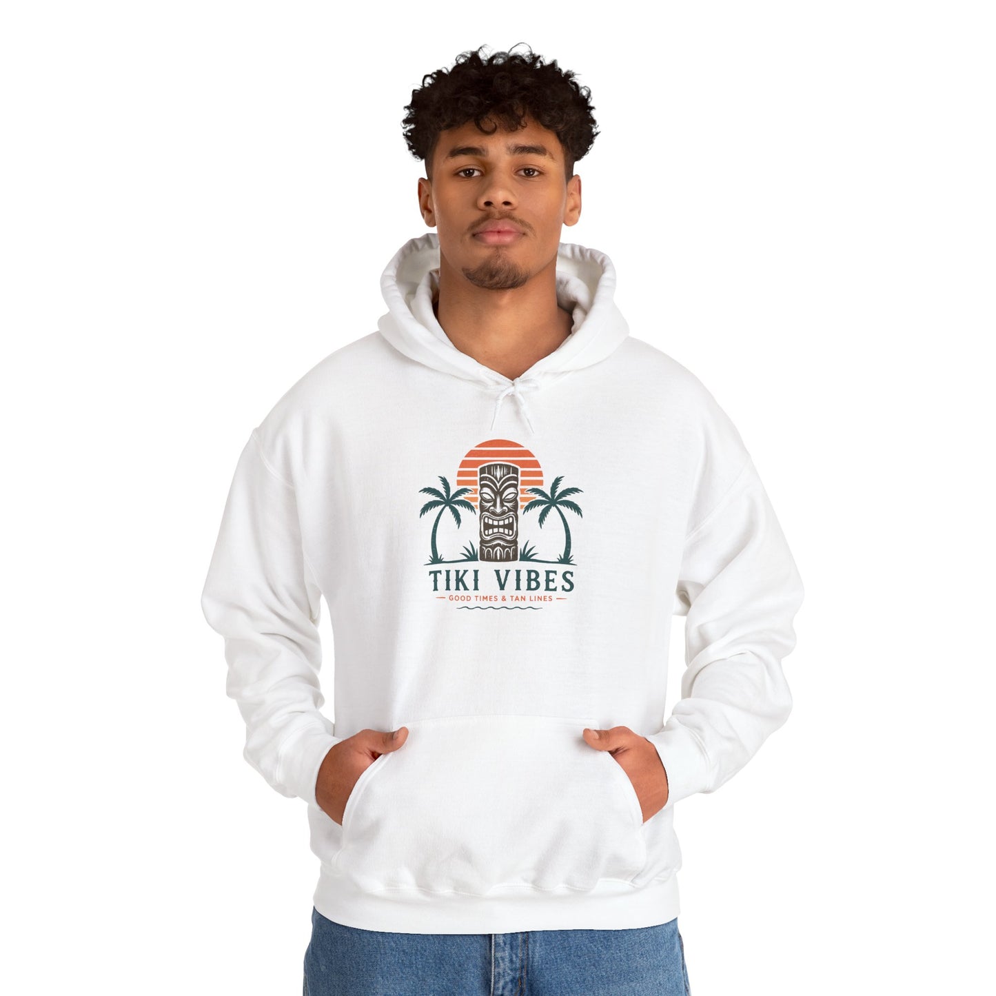 Tiki Vibes Hoodie — Retro Sunset Palm Tree Sweatshirt