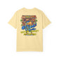 Yellow t-shirt with a cartoon parrot and tiki bar design on the back, on a white background.