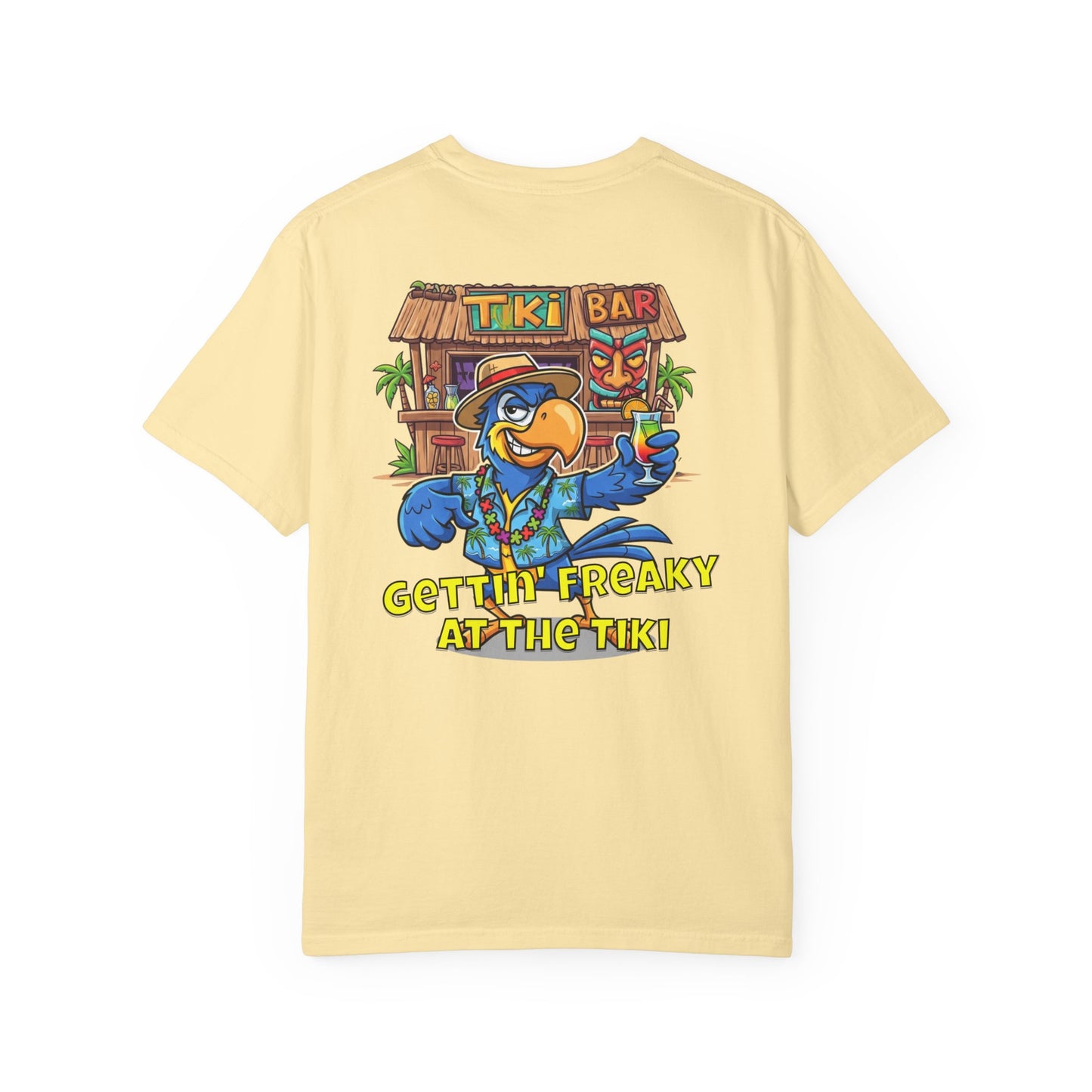 Yellow t-shirt with a cartoon parrot and tiki bar design on the back, on a white background.
