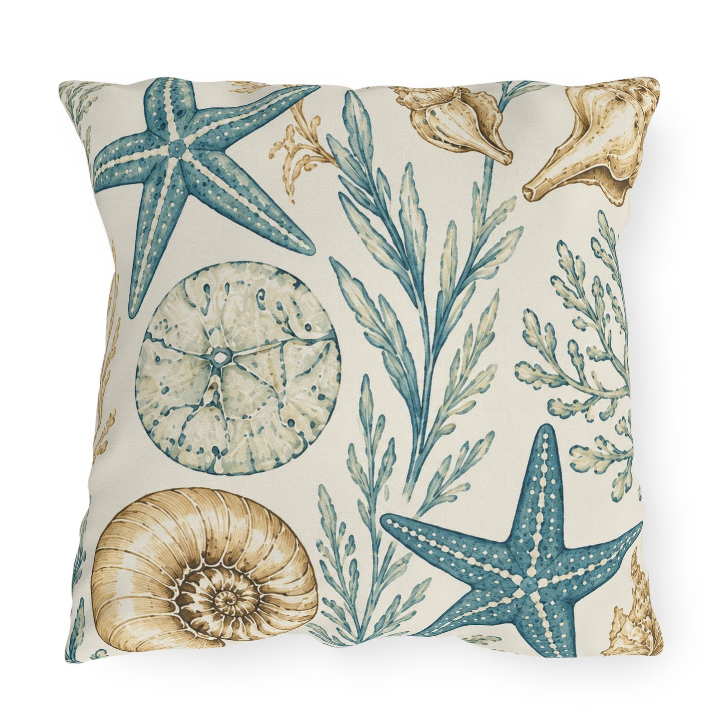 Coastal Shells Outdoor Pillow — Nautical Starfish & Seaweed Patio Cushion