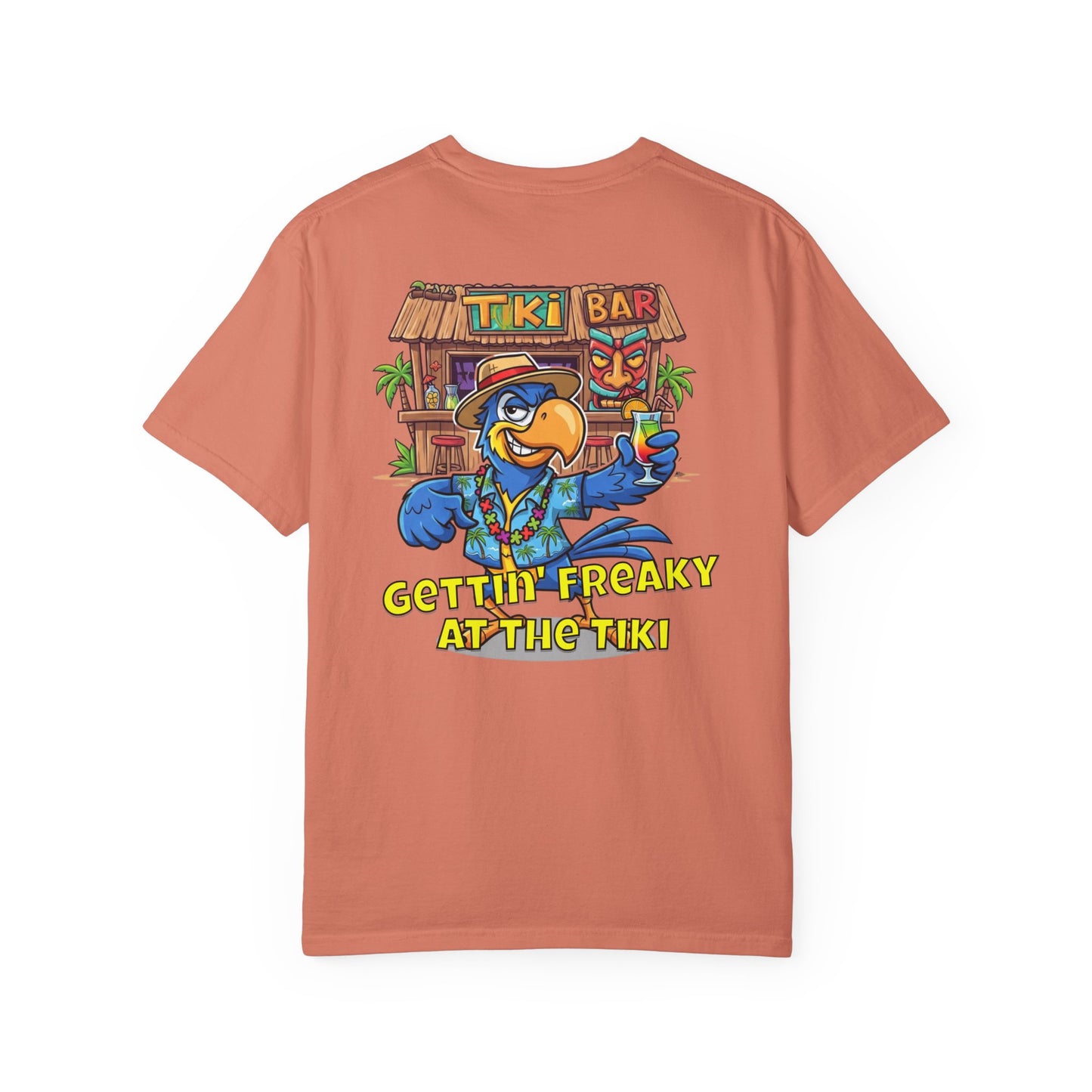 Coral t-shirt with a colorful parrot graphic and 'Tiki Bar' text on a white background