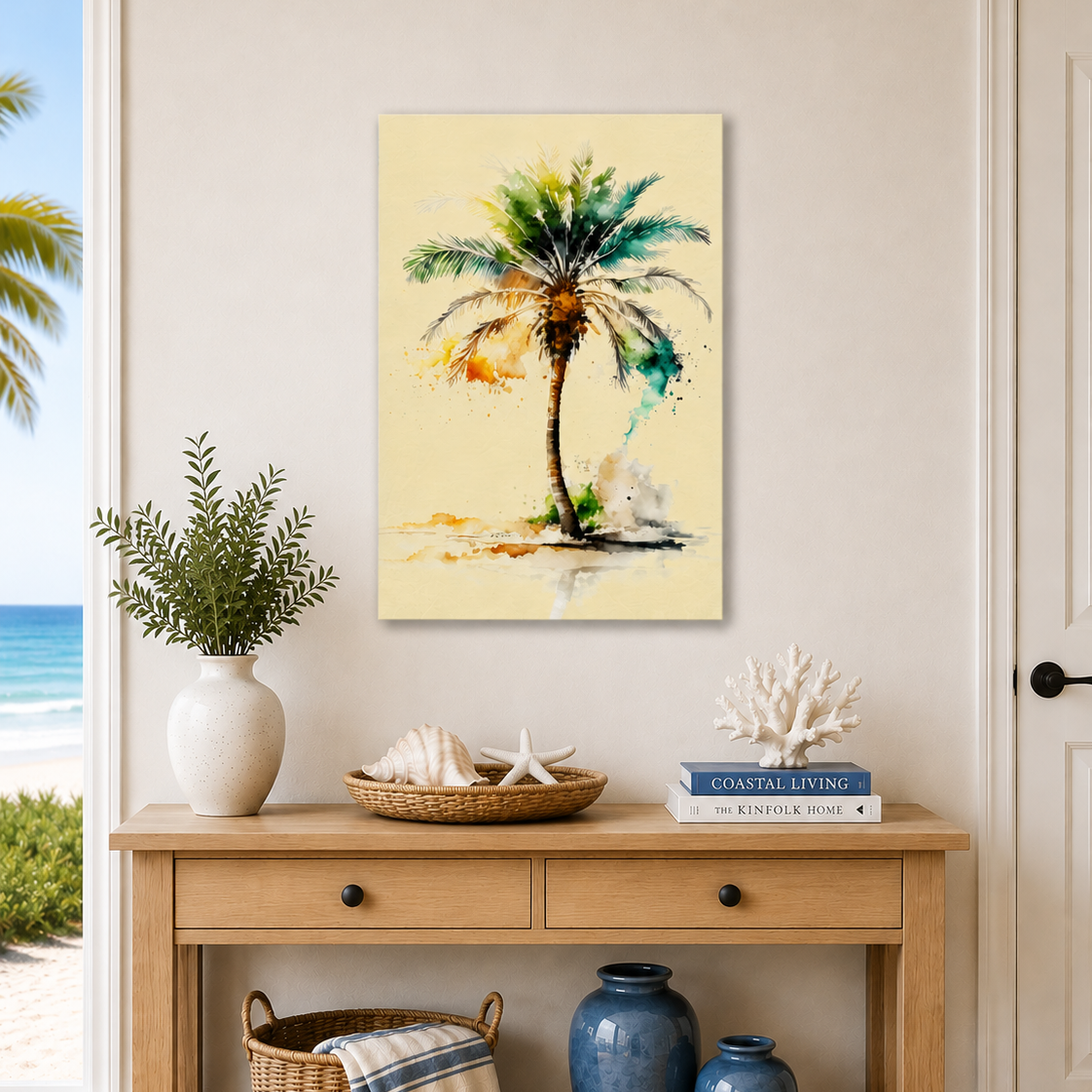 Nautical-themed room with a wooden console table, decorative items, and a palm tree painting.