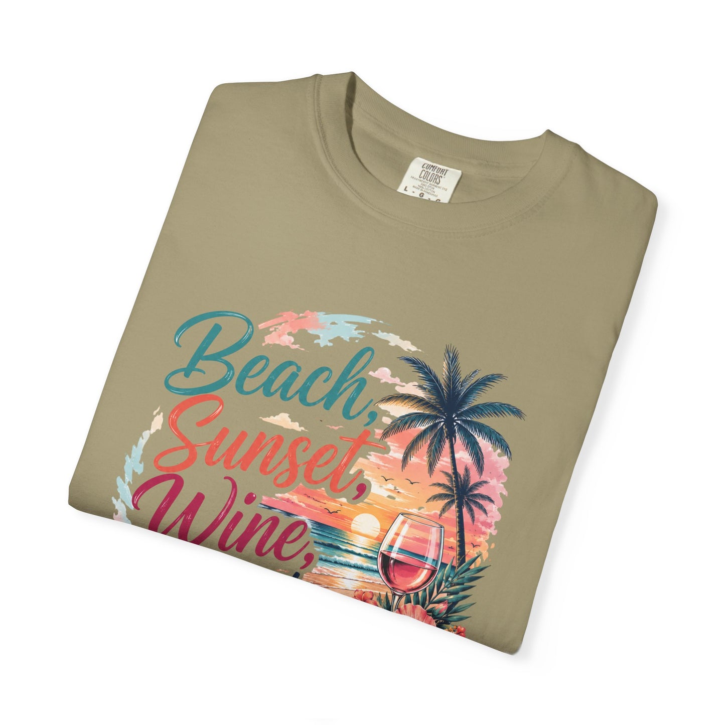 Beach Sunset Wine T-Shirt — "Beach, Sunset, Wine, Perfect Day" Tropical Graphic Tee