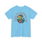 Light blue t-shirt with a colorful parrot graphic and text on a white background