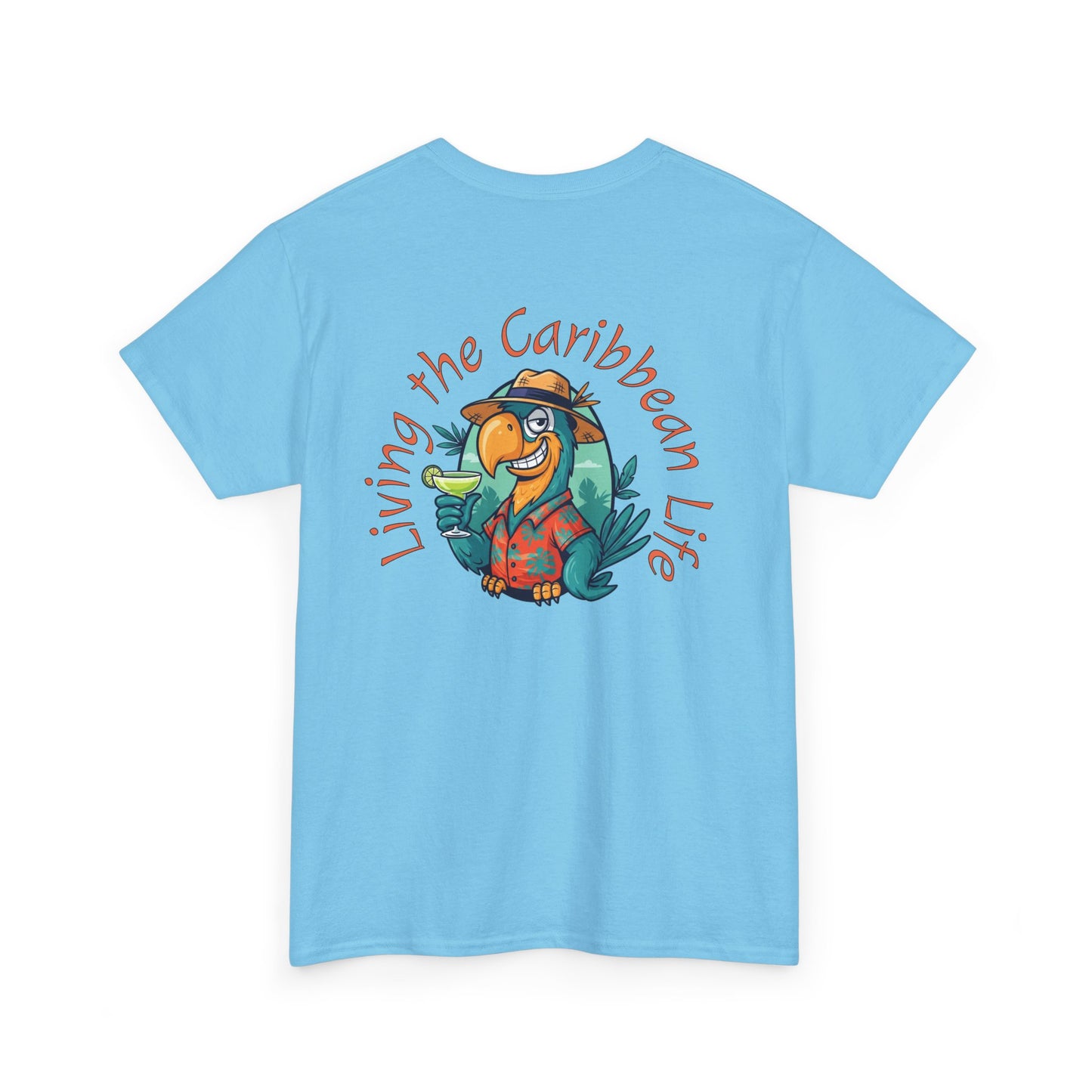 Light blue t-shirt with a colorful parrot graphic and text on a white background