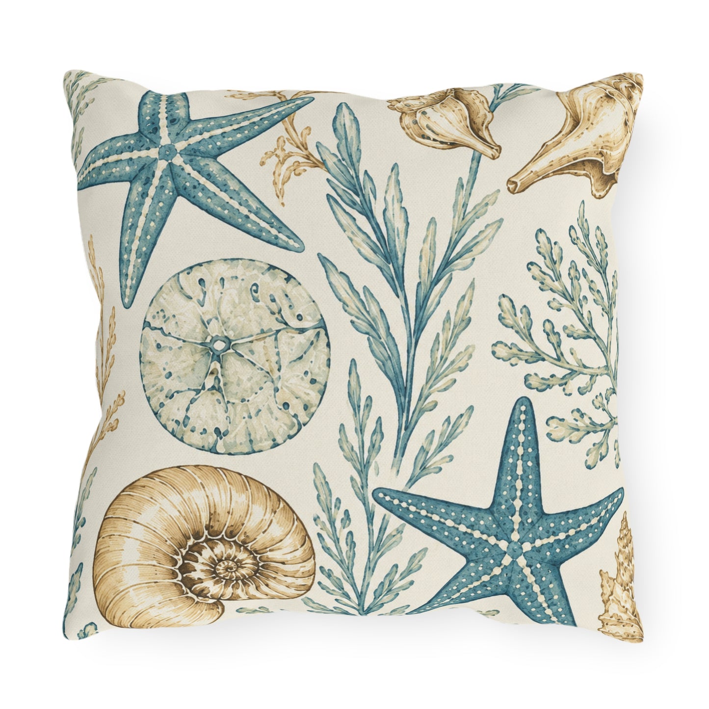 Coastal Shells Outdoor Pillow — Nautical Starfish & Seaweed Patio Cushion