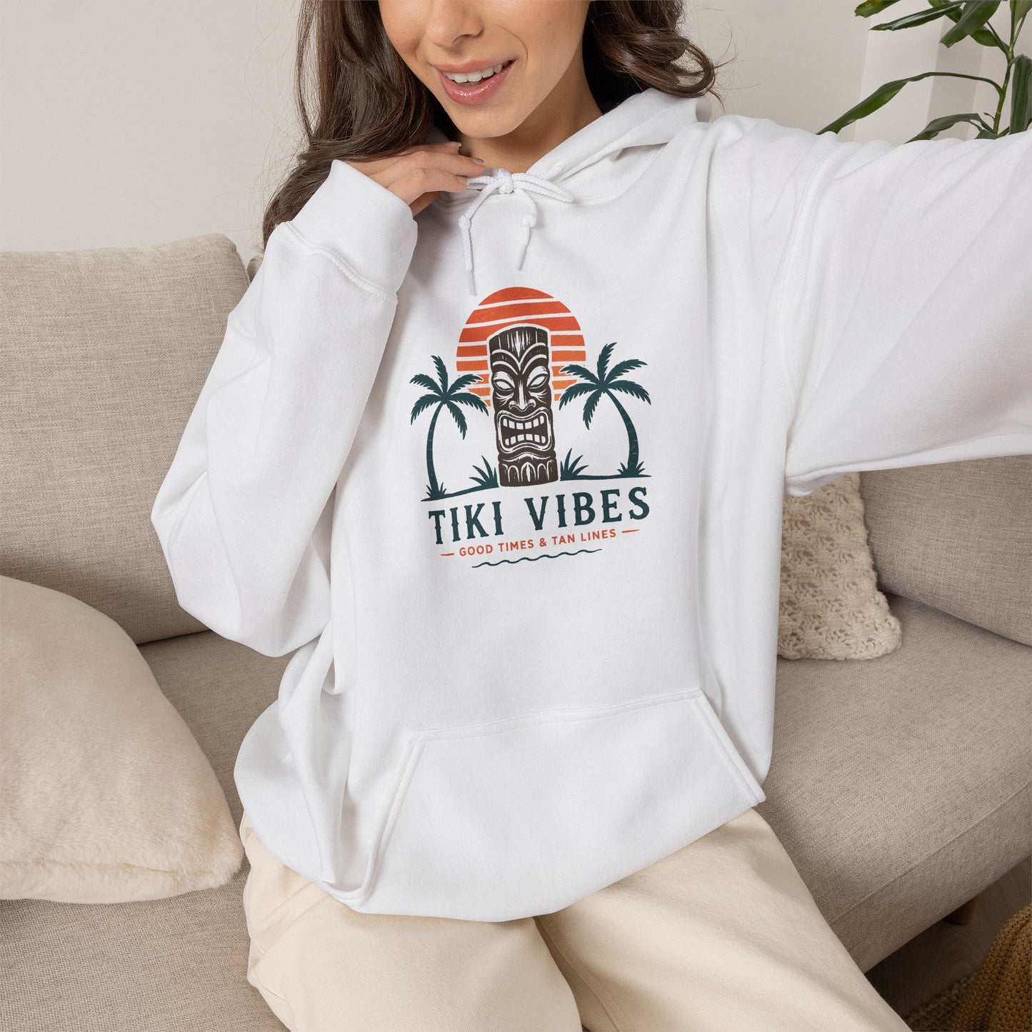 Tiki Vibes Hoodie — Retro Sunset Palm Tree Sweatshirt