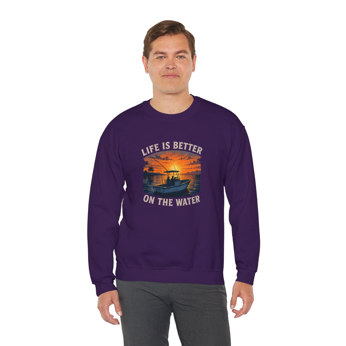 "Life Is Better On The Water" Crewneck Sweatshirt -Boat Sunset Graphic